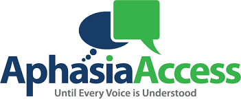 Blue and green speech bubbles aphasia access logo