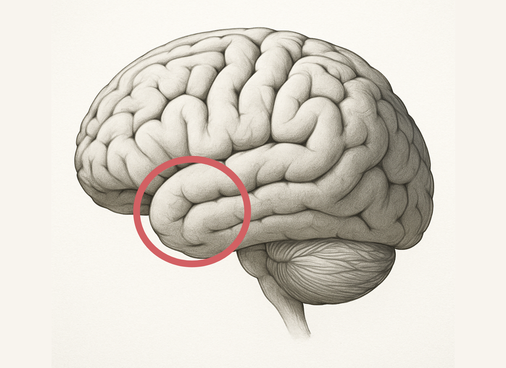 Brain image with circle indicating location effected by semantic Variant PPA