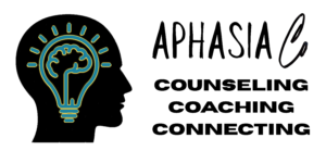 Outline of a person's head with a lightbulb lighting up. Text reads: AphasiaCo Counseling Coaching Connecting